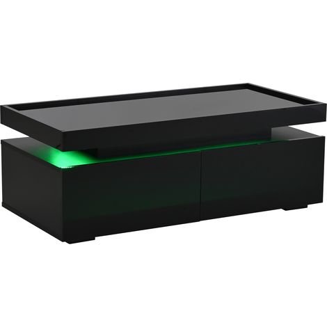 Tavolino da salotto nero lucido 95 x 45 x 35 cm con 2 cassetti e LED (1/5)