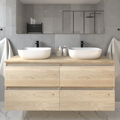 Meuble de salle de bain sans miroir avec vasques à poser arrondie - bambou (chêne clair) - - bambou (chêne clair) - BALEA - 120cm (1/5)