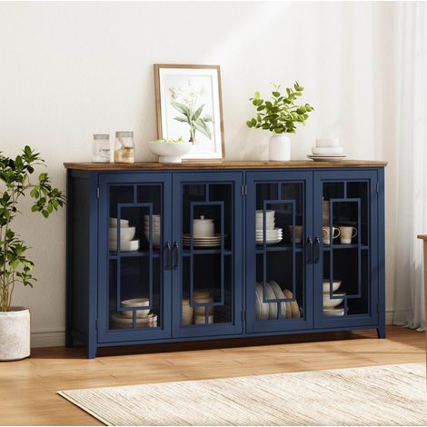 Aparador de cocina de 160 cm azul en MDF con puertas de cristal y sistema antivuelco (1/5)