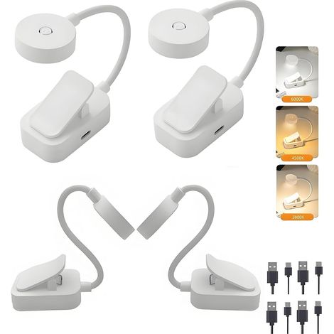 4 mini luci di lettura a LED, lampada di lettura ricaricabile con clip, protezione per gli occhi, dimmerazione continua e 3 colori, collo flessibile a 360°, portatile per la lettura - Bianco [Classe e (1/5)