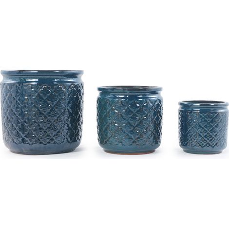 Set 3 vasi in ceramica smaltata verde blu, rilievo diamantato, Ø 38/30,5/23 cm (1/5)