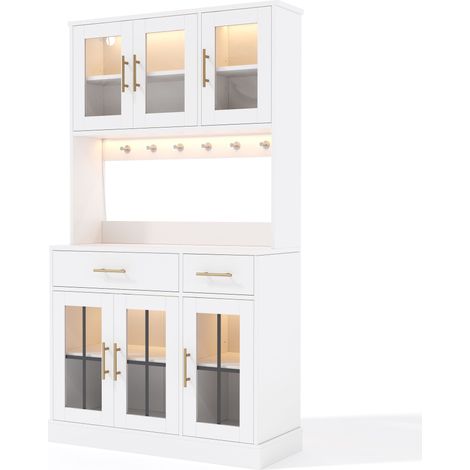 Aparador de cocina con 6 Puertas, 2 Cajones, Estantes Ajustables y LED, Estilo Campestre, en MDF, Blanco