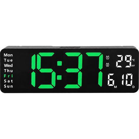 Horloge murale LED 16 pouces (40 cm), affichage numérique nordique avec thermomètre, calendrier et alarme (33 cm), 6629, lumière verte (1/5)