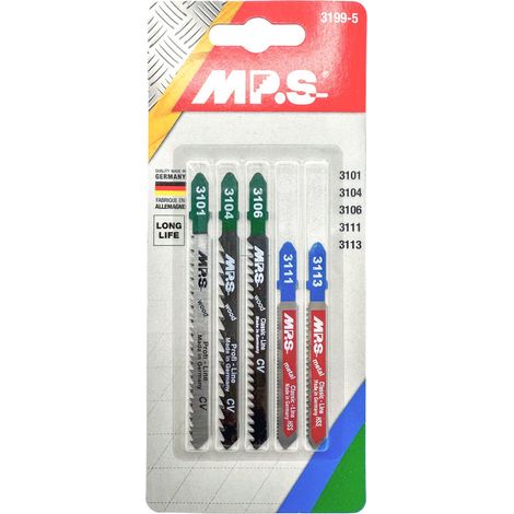 Jeu de scies sauteuses de marque MPS, 5 pièces, compatible avec les outils standard.