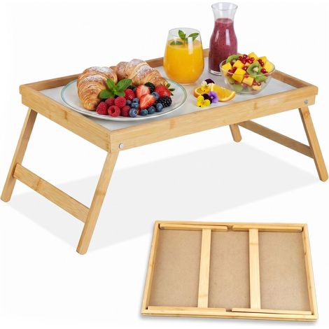 2 x Betttablett klappbar, Tablett mit Füßen, Frühstück im Bett, Bambus & MDF, HBT 23,5 x 63 x 31 cm, natur/weiß (1/5)