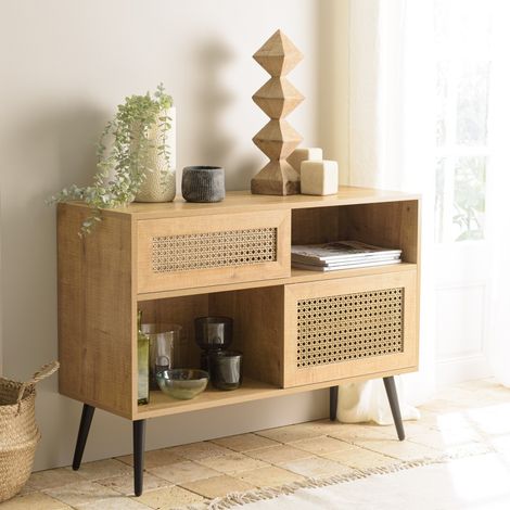 CHARLIE - Buffet bois bas 3 niches 2 portes effet cannage marron (1/5)