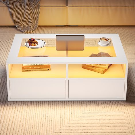 Couchtisch aus gehärtetem Glas Weiß 100 cm mit LED, 2 Schubladen und 2 offenen Fächern (1/5)