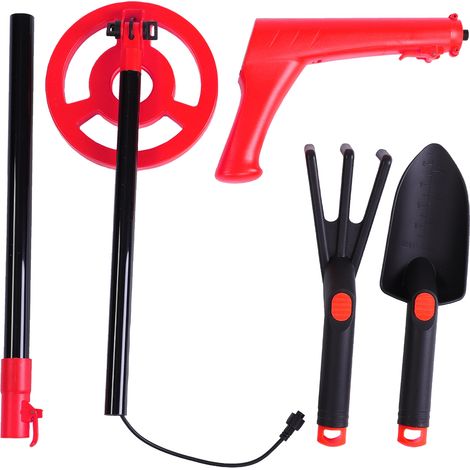 Kids Metal Detector Kit, Portable Detector with 2 Inch LED Screen, 6" Coil, Includes Shovel and Rake, Outdoor Adventure Toy for Beginners Red