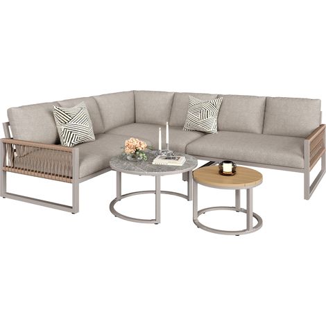 Ensemble de meubles de jardin d'angle pour 6 à 7 personnes, avec 2 tables d'appoint et coussins de siège, polyester résistant aux intempéries et structure en métal galvanisé, pieds réglables (1/5)