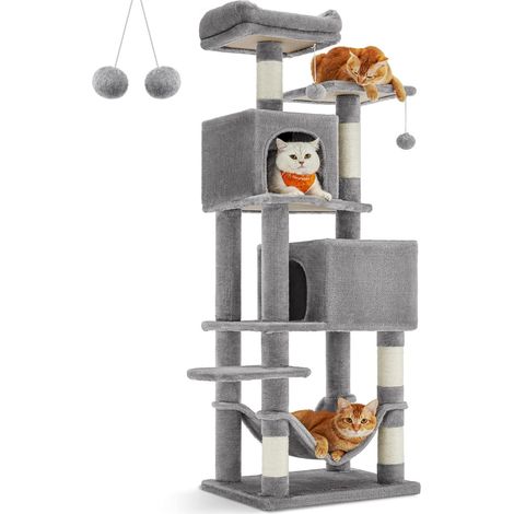 Arbre à Chat 155 cm de Hauteur, Tour de Jeux, avec 5 Poteaux à Griffer, 2 Plateformes, 2 Niches, Un Hamac, 2 Pompons, Tissu Peluche, Multi-Niveaux, Gris Clair (1/5)