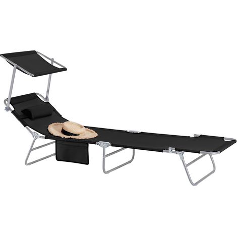 SoBuy OGS48-SCH Sonnenliege mit abnehmbarem Kopfkissen und verstellbarem Sonnendach Gartenliege mit Seitentasche Strandliege Relaxstuhl Liegestuhl klappbar Schwarz bis 150 kg belastbar (1/5)