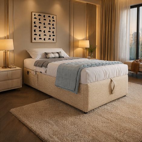 Cama individual 90x200 cm de madera beige, con almacenaje para dormitorio, sin colchón -FLORAGRACE (1/5)