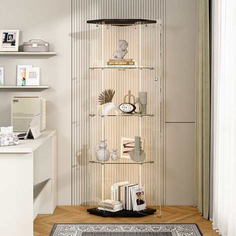 Vitrine à double porte avec Éclairage,Vitrine pour collection à 4 étagères,design pentagonal,Convient pour le salon et la chambre,Noir (1/5)