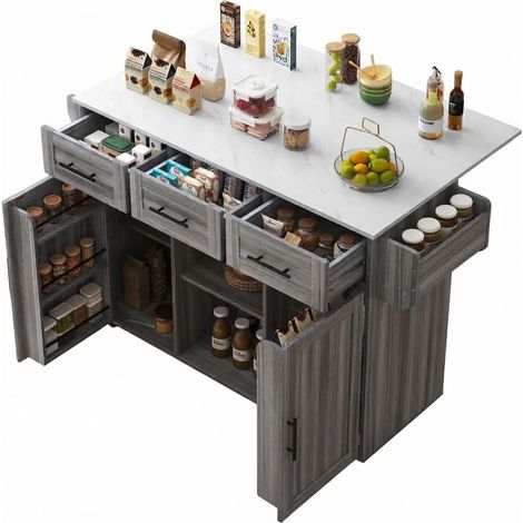 ELVMI Carro de Cocina con 3 Cajones, 3 Estantes, Encimera Plegable, Toallero, MDF Gris, 139 x 46 x 91.5 cm (1/5)