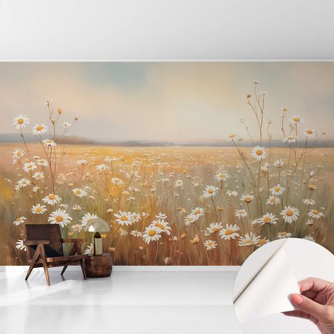 Papier peint adhésif autocollant pour salon chambre à coucher peint imprimé Installation facile Prairie fleurie 416x254 cm (1/5)