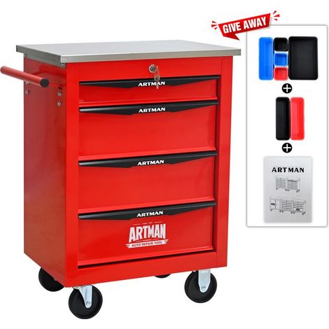 Chariot à outils multifonctionnel - OEM - 4 tiroirs - Acier - Rouge et Noir - 52.4x33x65.6 cm (1/5)