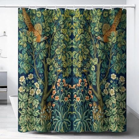 Rideau de Douche de Style Vintage du Milieu du siècle, Motif Floral, Oiseaux, Plante Verte, Impression Artistique Abstraite, Rideau de Douche pour décoration de Salle de Bain