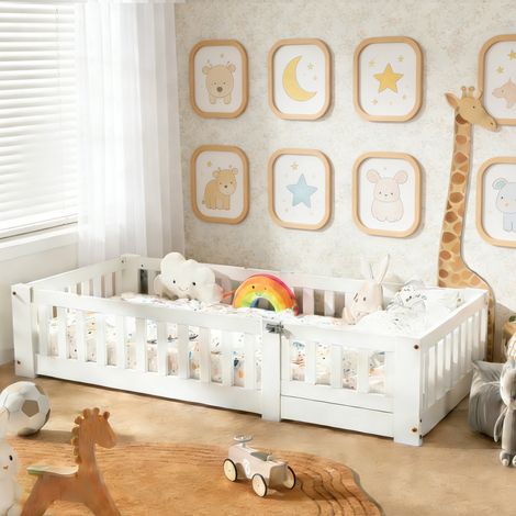 Lit au Sol 120x200cm, Lit Enfant Montessori avec Barrière de Sécurité et Sommier, Bois Massif Pin, Lit simple cabane 1 place, Blanc (1/5)