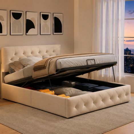 Lit coffre double adulte 140x200 cm avec rangement hydraulique, tête de lit réglable, velours beige, style minimaliste (1/5)