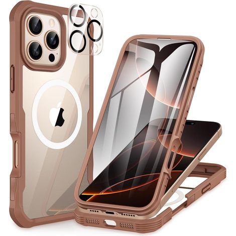Magnétique Coque iPhone 16 Pro Max, Compatible avec MagSafe intégré Verre Trempé Protection écran et Protecteur Caméra, 360° Antichoc Téléphone Housse Case Intégrale Etui - Marron Désert (1/5)