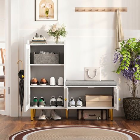 Meuble à chaussures avec banc, 100x35x90cm, Banc d'entrée rembourré et étagère réglable sur 3 niveaux, à chaussures avec porte en verre cannelé, Blanc (1/5)