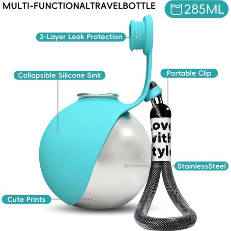 Gourde pour chien 2-en-1 285 ml, bouteille en acier inoxydable avec bol silicone pliable, étanche, portable pour promenade et voyage (1/5)
