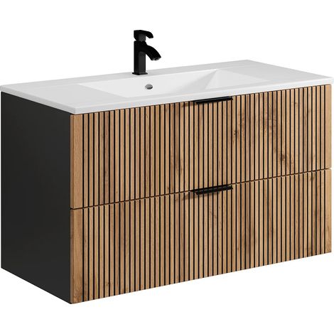 Meuble de salle de bain suspendu avec vasque à encastrer - Naturel clair et noir - 100 cm - MADELA (1/5)