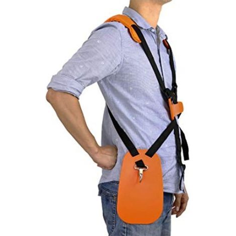 Harnais de débroussailleuse en nylon orange avec double bandoulière réglable et boucle métallique, taille ajustable. (1/5)