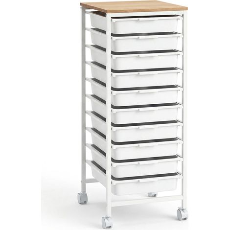 10-Drawer Rolling Storage Cart Mobile Utility Organizer with Wooden Tabletop and Lockable Wheels-White (1/5)