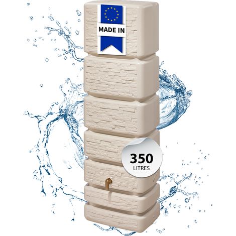 Récupérateur d'eau de pluie rectangulaire 330 l – Couleur sable – Accessoires : robinet PE imitation laiton – Résistant aux UV – 4Rain