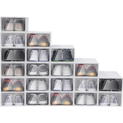 Lot 20 boîtes à chaussures transparentes – 33×23×14 cm, PP empilable – Pour rangement sneakers, talons, accessoires – Blanc (1/5)