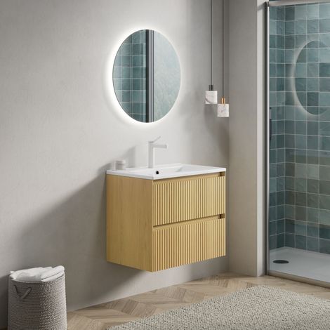 61cm Mobile bagno sospeso con lavabo sottopiano in ceramica rettangolare bianca, armadio in compensato con strisce e 2 cassetti, preassemblato, colore legno venato Collora (1/5)