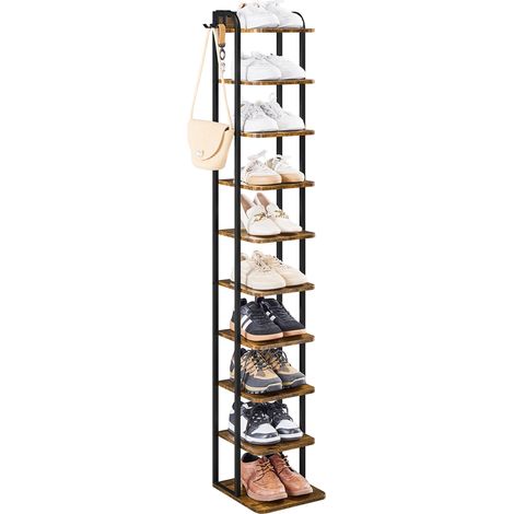 Yaheetech Scarpiera Verticale a 10 Livelli, Scaffale Portascarpe Alta e Stretta Vintage in Metallo e MDF, Scarpiera Salvaspazio per Ingresso e Corridoio, Marrone Rustico (1/5)