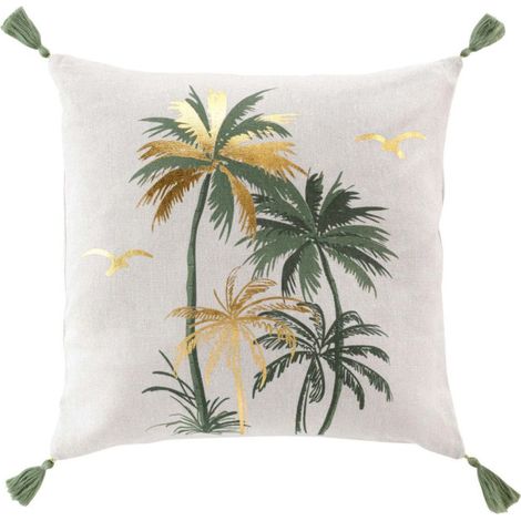 Coussin Déco Pompons "Papeete" 45x45cm Sauge (1/4)