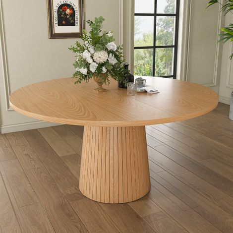 Table ronde 110x110x75 cm en MDF plaquage chêne, 4 places, salle à manger – MEUBLIV (1/5)