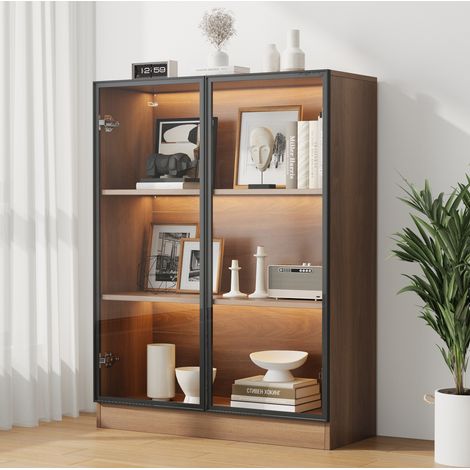 Vitrina de cristal con iluminación LED 80x30x106 cm con 3 niveles y puertas acristaladas, en vidrio templado y tablero de partículas, color nogal natural (1/5)