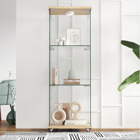 Glasvitrine mit LED, 1 Tür, 3 Ebenen, 121,7 x 42,5 x 36,5 cm, Natur HAVRYA (1/5)