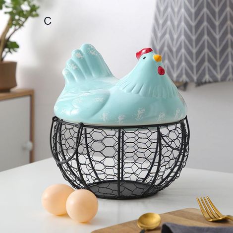 Cestino in filo metallico con coperchio in ceramica, cestino per frutta, cestino per uova, cestino decorativo per la cucina, cestino portaoggetti per la casa (1/5)