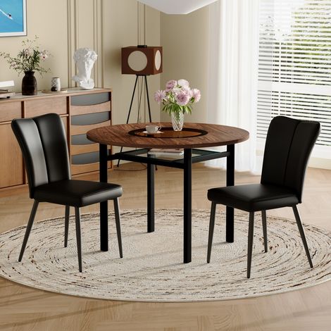 Ensemble-table-et-chaises-rond-design-moderne-bois-et-PU-noir-100x100x76cm et 45x44x89cm (1/5)