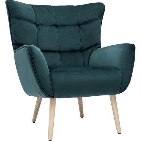 Sillón nórdico efecto terciopelo azul petróleo y madera AVERY (1/4)