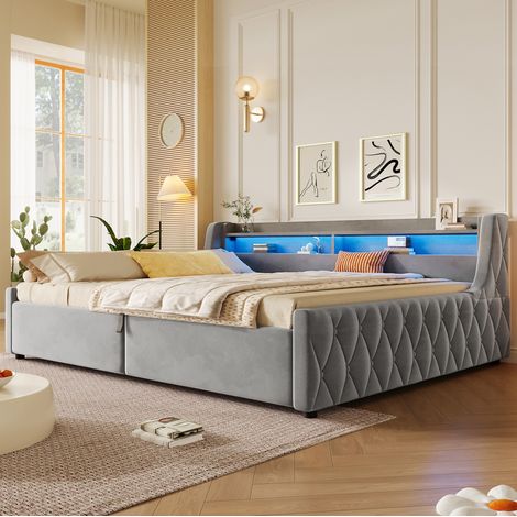 MEUBLIV Cama plataforma 140x200 cm gris – almacenamiento hidráulico y LED, sin colchón (1/5)