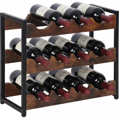 Casier à vin 12 Bouteilles, Industriel, HxLxP:38x44,5x20 cm, Porte-Bouteilles Debout, MDF et métal, Brun/Noir (1/5)