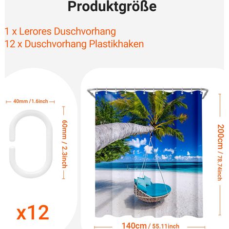 Rideau de douche 140 x 200 cm, motif plage, ourlet lesté, anti-moisissure, imperméable, lavable, en polyester, avec 12 œillets et anneaux de rideau de douche pour salle de bain, baignoire (1/5)
