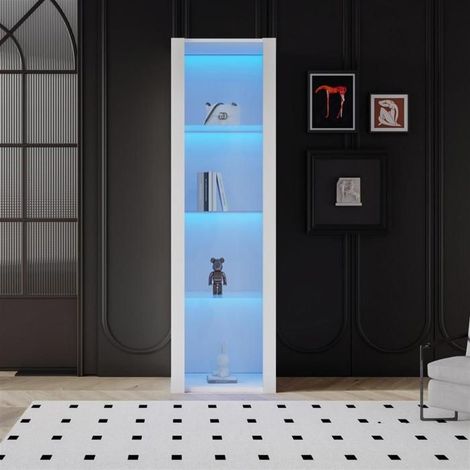 Vitrine - Blanc - 55x38x166 cm - 3 étagères en verre - Éclairage LED - Meuble de séjour