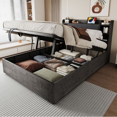 Lit coffre 180x200 cm avec ports USB et Type-C, tête de lit, en bois gris, sans matelas (1/5)
