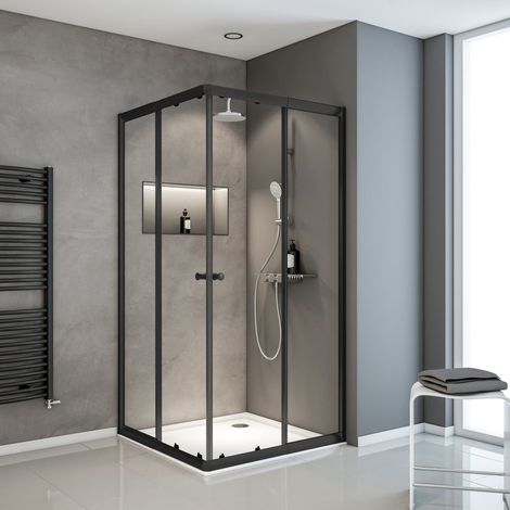 Schulte – Cabine de douche d'angle 75 x 90 cm – Verre transparent 4 mm – Portes coulissantes – Profilé noir – Accès facile avec joints magnétiques