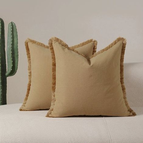 Ensemble de 2 housses de coussin décoratives en lin à franges, style bohème champêtre, avec pompons. Housse de coussin douce et décorative pour canapé, lit ou salon (45 x 45 cm) - jaune (1/5)