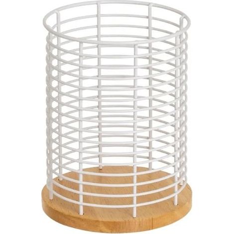 Porte-ustensiles de cuisine - JUANIO - 14x14x17 cm - Métal blanc - Socle en bois - Fer revêtu de poudre (1/5)