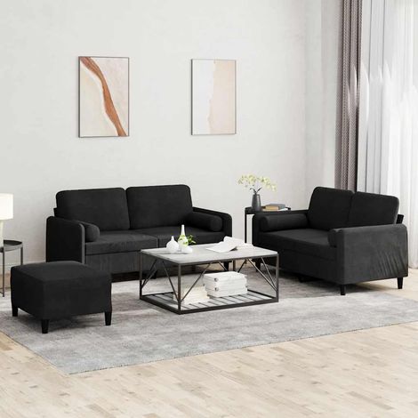 Ensemble canapé 3 pièces en velours noir avec coussins et repose-pied - PANGIVO (1/5)