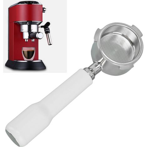 Modification de machine à café De'Longhi à trois poignées en acier inoxydable 51 mm, porte-filtre monocouche sans fond modèle C2, plastique blanc. (1/5)